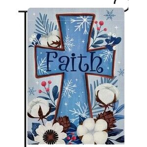 Christian Faith Winter Garden Flag 12x18" Double Sided Burlap Cross Blue Floral